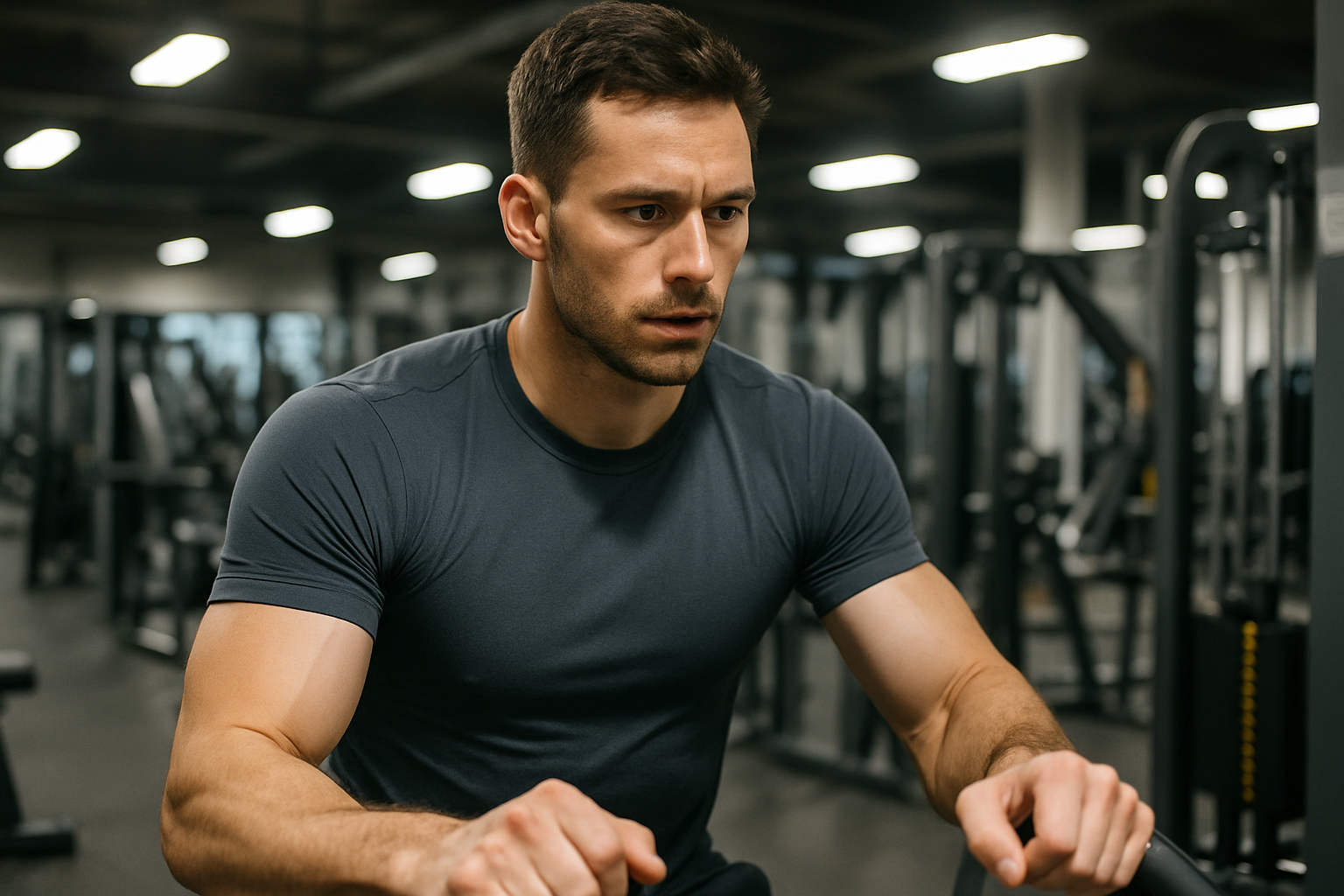 someone in the gym wearing a compression shirt in the gym working out short sleeve with no logo