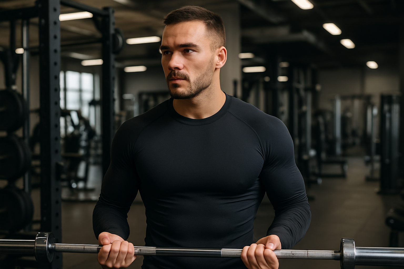 someone in the gym wearing a compression shirt which is long sleeve with no logo
