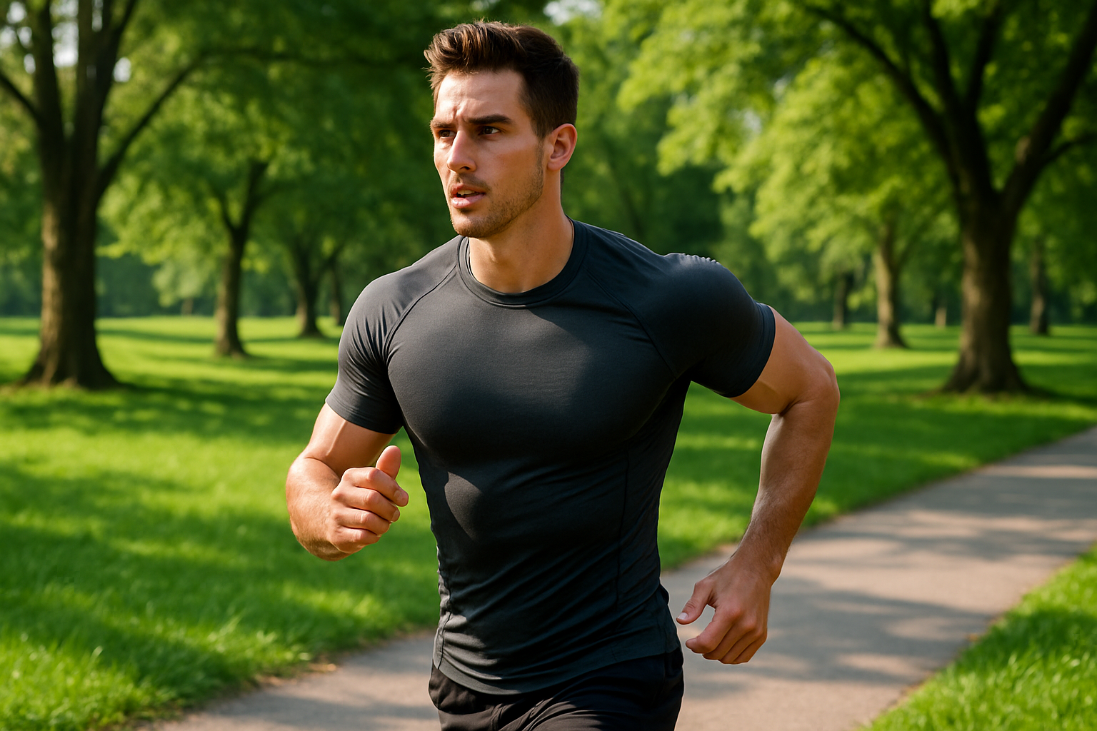 someone wearing a compression shirt whilst going for a jog in the park