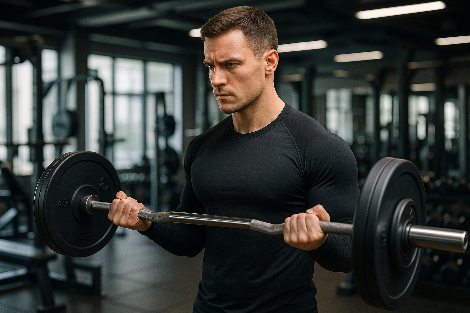 someone wearing a long sleeve compression shirt in the gym doing weights